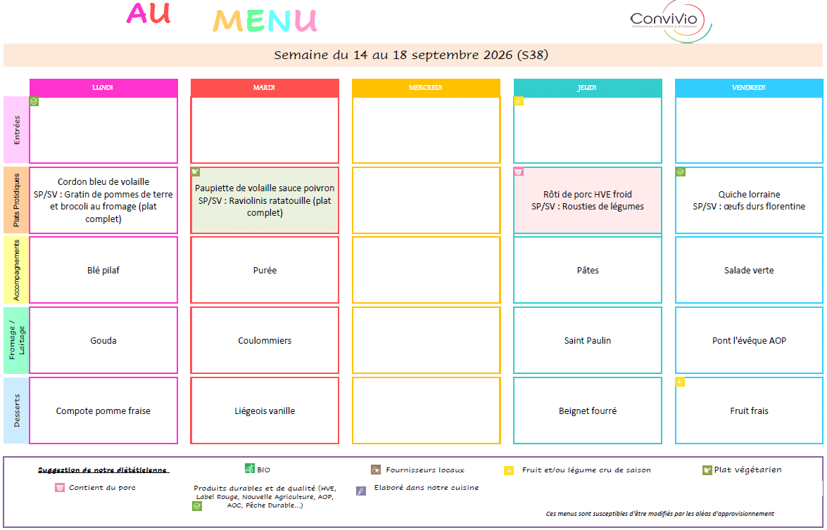 Menus du 14 au 18 sept